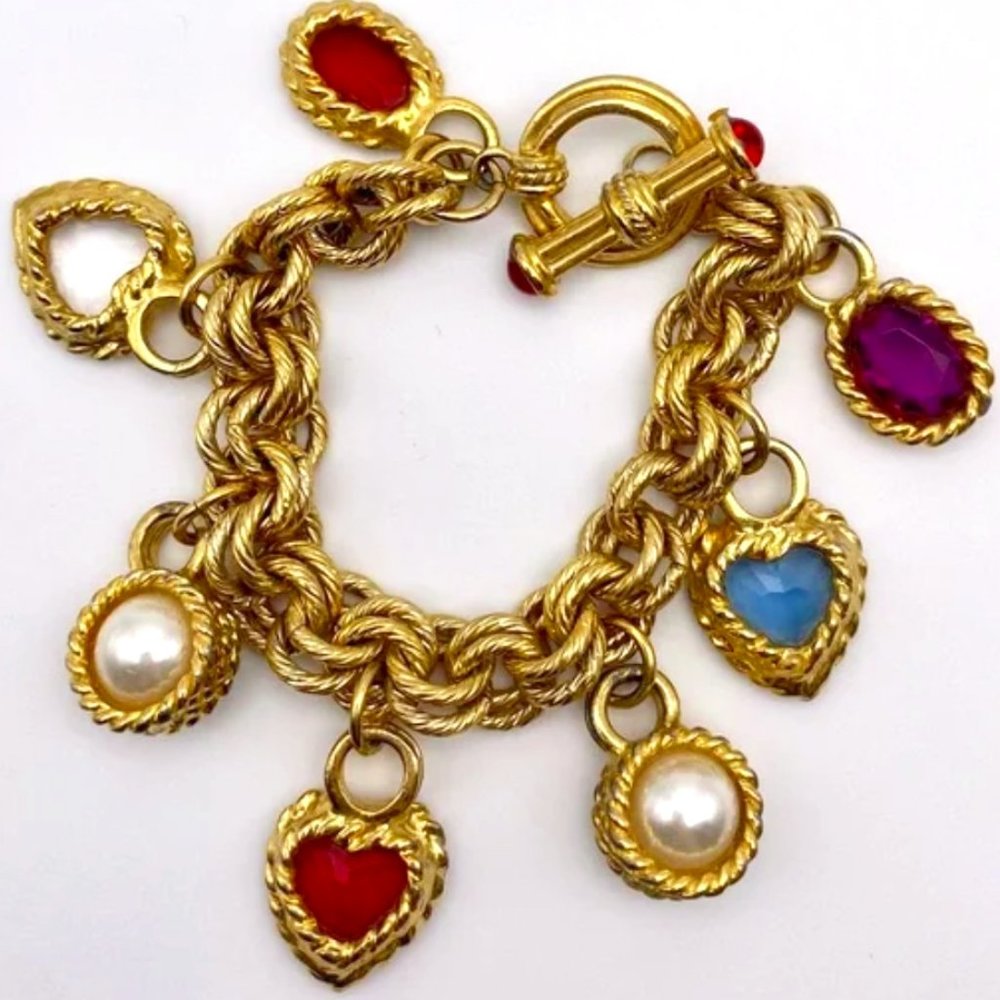 GIVENCHY Charm Bracelet Gold Framing Heart Oval Round Ruby Amethyst Pearl Glass